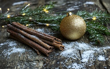 Wall Mural - Festive arrangement of cinnamon sticks, sprigs of greenery, and a golden ornament on a rustic wooden surface during the holiday season