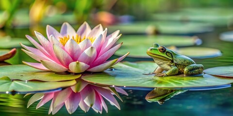 Panoramic view of Water Lily flower with frog in marsh pond