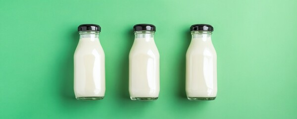 Bottles of milk arranged in a row on a vibrant green background with black caps showcasing a simple yet appealing display