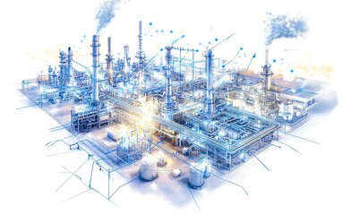 Poster - Industrial refinery complex with distillation towers and processing equipment during daytime operations