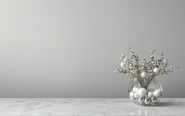 Poster - Elegant arrangement of white flowers and decorative orbs in a clear glass vase on a marble surface