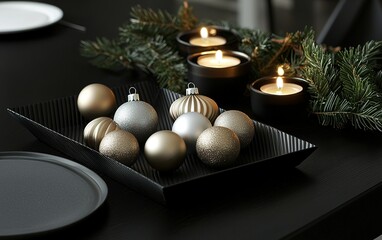 Elegant holiday table setting with golden and silver ornaments, candles, and green foliage for festive celebrations