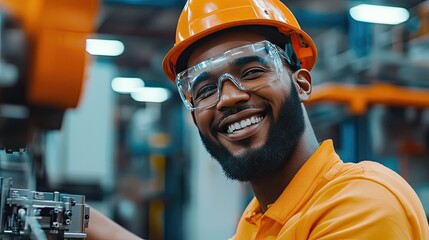 Photo of a happy engineer controlling an industrial robot.