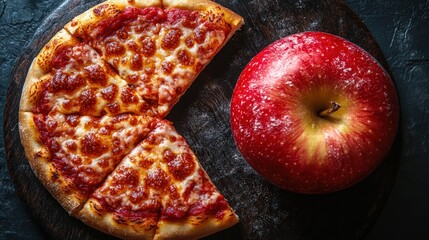 Pizza and apple. Healthy vs unhealthy food diet and lifestyle concept, weight loss calorie decision, fast food vs fruit, good or bad, junk or fresh, choose nutrition