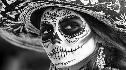 Intricate Day of the dead makeup and traditional hat in black and white portrait