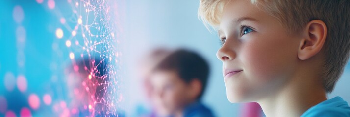 Teacher engages students with interactive smart board technology in a vibrant classroom setting