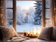 © Дмитрий Бабенко - Cozy winter scene from a snowy window with candles and soft cushions at twilight in a tranquil setting