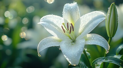 Poster -   A close-up shot of a pure white lily with droplets of water glistening on its delicate petals, against a soft, hazy background