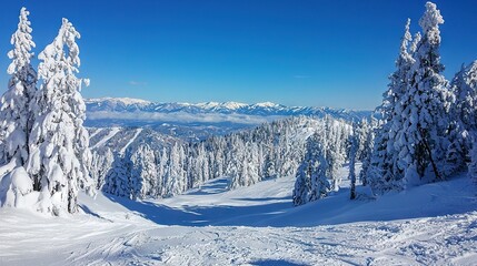 Poster -  A person skiing on a snowy slope with towering pine trees in the background