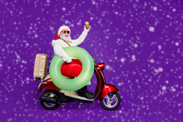 Sticker - Full body photo of santa man going to meet newyear at tropics leaving cold december by bike hold life buoy and drink wear specs and costume isolated purple background