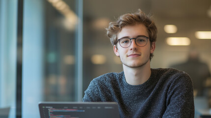 Portrait of a young software developer at a tech startup interview, sitting confidently in a glass-walled office with a laptop and code projects on display photo