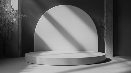 Poster - modern minimalist stage design with soft shadows, featuring a circular platform and curved backdrop 
