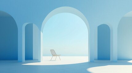 Poster - A serene minimalist interior with a single chair under soft blue arches and natural light in a tranquil space