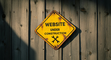 Construction sign indicating website under construction with rustic style on wooden background