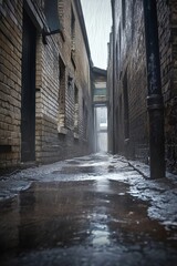 Poster - Misty Alleyway: A Rain-soaked Path with Brick Walls and Glimmering Puddles, Ideal for Atmospheric Urban Imagery