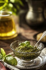 Canvas Print - Gourmet Basil Pesto: A Fresh Green Sauce in an Elegant Bowl with Olive Oil in the Background for Culinary Inspiration