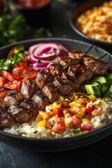 Canvas Print - Vibrant Grilled Skewers with Fresh Vegetables and Aromatic Rice – Perfect for Culinary Illustrations