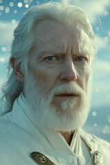 Poster - Dramatic portrait of a wise, bearded man with long white hair, set against a mystical backdrop, ideal for fantasy themes.