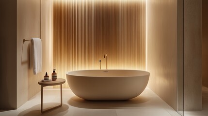 Poster - A serene bathroom featuring a modern freestanding tub with ambient lighting and minimalist decor in a contemporary setting