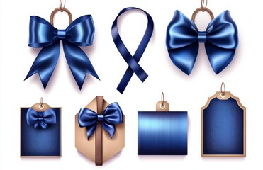 Poster - Ribbons of blue color. Modern set of wrapping silk ribbon banners and price tags. Illustration of silk stickers on ribbons of blue color.