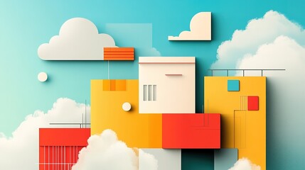 Poster - Colorful geometric shapes and clouds against a blue sky. .