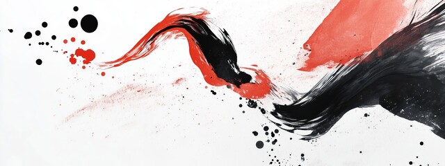 Poster - abstract fluid art blending red and black colors with dynamic brush strokes and splashes, creating a