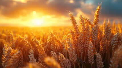 Golden wheat field at sunset with warm light