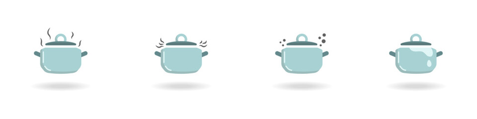 Poster - Kitchen pans vector icon set. Kitchen utensils set. Steaming kettles for food vector. The process of boiling in pots set. Food preparation by catering services. Stylish vector set of pans.