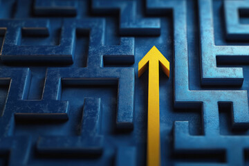 a labyrinth maze with a glowing yellow path on a blue background suggesting a concept of problem sol