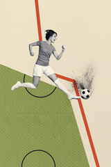 Wall Mural - Composite collage image of funny young female kick ball play foorball fantasy billboard comics zine