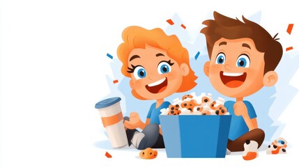 An animated scene of two cheerful kids sharing popcorn and drinks, capturing a moment of delight and friendship with vibrant colors and playful expressions.