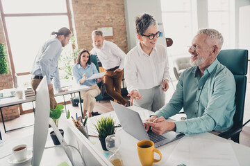 Poster - Photo of teamwork people working together discussion cheerful talk comfortable modern office loft room interior indoors workspace