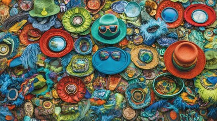 Poster - A Colorful Collage of Hats, Sunglasses, and Feathers