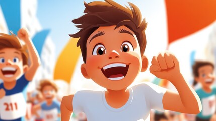 A joyful boy leads a race, celebrating success with arms raised, showing determination and excitement amid a vibrant and dynamic running competition.