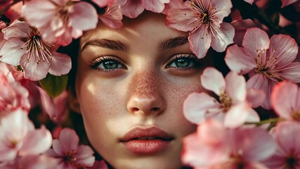 Wall Mural - A woman's face is framed by pink blossoms, creating a delicate and natural portrait
