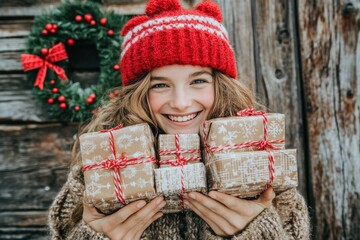 Smiling woman holding gift boxes in cozy winter setting with festive wreath