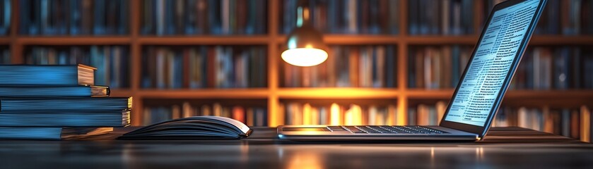 A cozy workspace featuring a laptop, books, and warm lighting, perfect for promoting productivity and creativity.