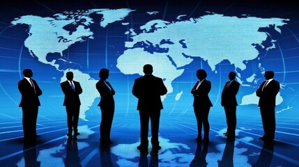Poster - Silhouetted Businesspeople Standing Before a Digital World Map