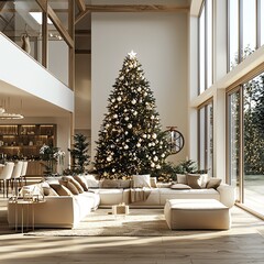 Wall Mural - Cozy living room decorated for Christmas, featuring a beautifully lit tree, modern furniture, and large windows with natural light.