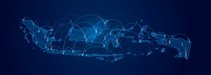 Perspective Indonesia network connection glowing on a blue background. Point and curve line connection map concept. Modern communication connection concept design on blue background