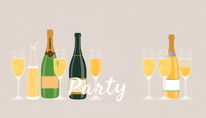 A set of Bottle and Champagne glasses. Sparkling wine in various bottles in glass and the inscription Party. For the design of an invitation to a Champagne party. Vector illustration