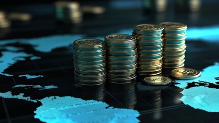 Poster - Stacks of Gold Coins on a Blue World Map