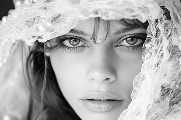 Mysterious Woman in Lace Veil with Intense Gaze in Black and White Portrait