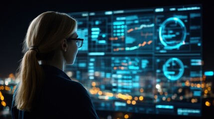 Fototapete - Woman in Glasses Looking at Computer Screen with Data Visualization