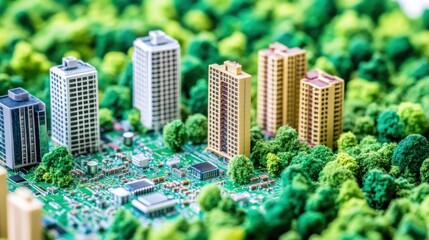 Poster - Miniature Cityscape on a Circuit Board Surrounded by Green Foliage