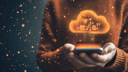 Fototapete - Person Holding a Smartphone with a Glowing Cloud Icon