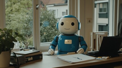 Fototapete - Blue and White Robot Sitting at a Desk with a Pen on a Paper