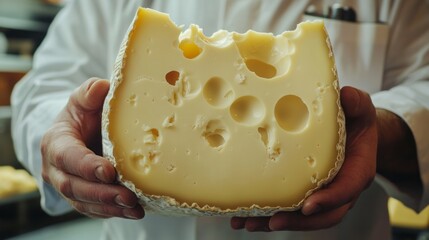 Hands of a chef or cheese maker holding a large piece of ripening cheese close-up with space for text or inscriptions
