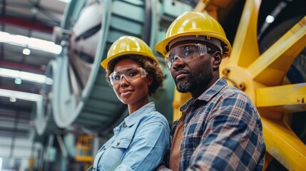 Two skilled factory workers, black man and woman, stand confidently in modern industrial facility, wearing safety helmets and goggles, showcasing teamwork and innovation in manufacturing environment