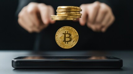 Poster - Gold Bitcoin Coin Hovering Above a Smartphone